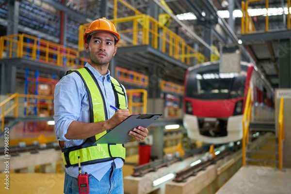 Obraz worker writing and checking on clipboard at train construction site