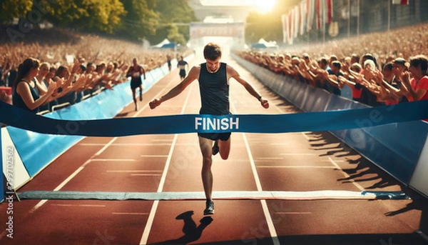 Fototapeta Man running towards the finish line- Finisher