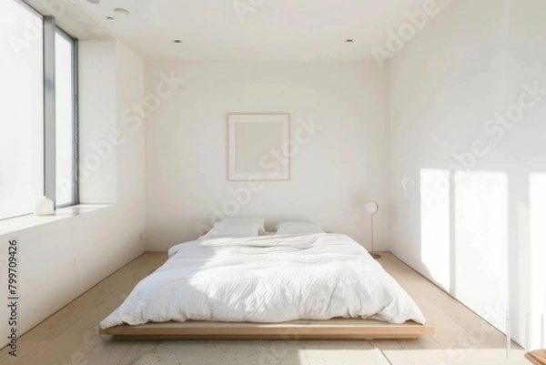Fototapeta Enter a minimalist bedroom with a platform bed, crisp white linens, and a single piece of artwork hanging above the headboard, Generative AI