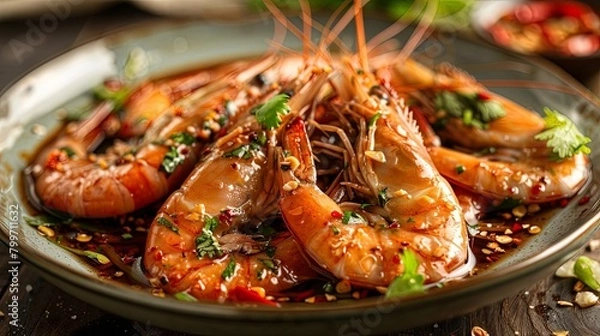 Fototapeta plate of raw prawns soaking in a piquant fish sauce marinade, absorbing the bold flavors and spices for a mouthwatering culinary experience, ideal for lovers of authentic Asian cuisine.