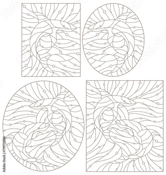 Fototapeta A set contour illustrations of stained glass whales killer whales and sharks on the background of water and air bubble