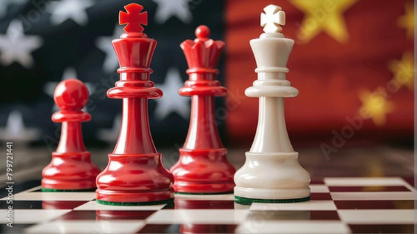 Fototapeta Chess pieces in red and white stand on a board with the flags of the United States and China blurred in the background