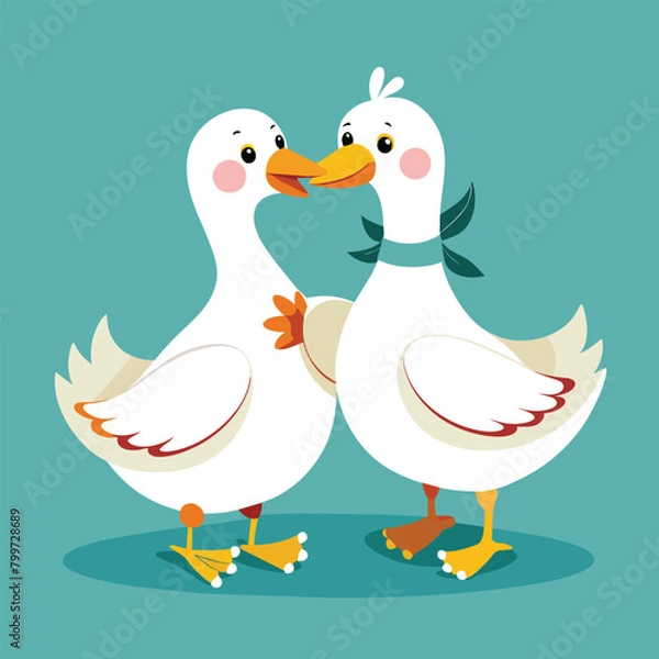 Fototapeta two ducks are standing side by side, one has a blue background  vector illustration