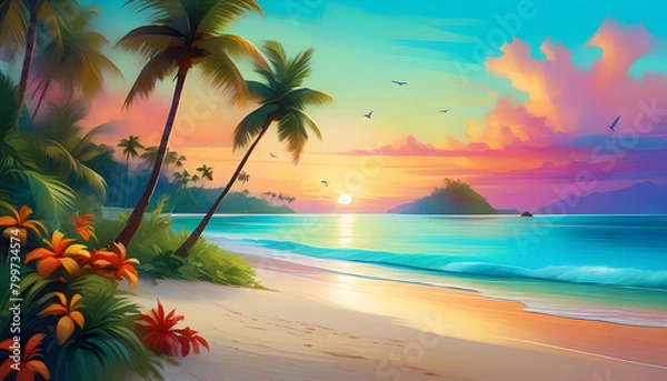 Fototapeta A tropical island with a sunset in the background, surrounded by crystal clear water and palm trees
