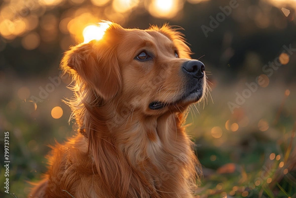 Obraz Golden retriever looking up in a sunlit field, surrounded by warm evening light