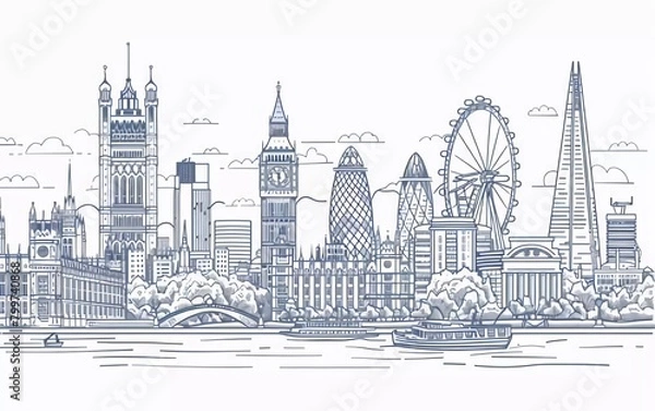 Fototapeta London city linear banner. All buildings - different objects are adjusted to the background content