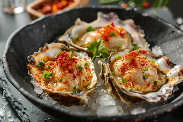 Fototapeta Oysters on Ice: A culinary masterpiece of freshly shucked oysters garnished with finely chopped green onions, bright red paprika and delicate sprigs of parsley
