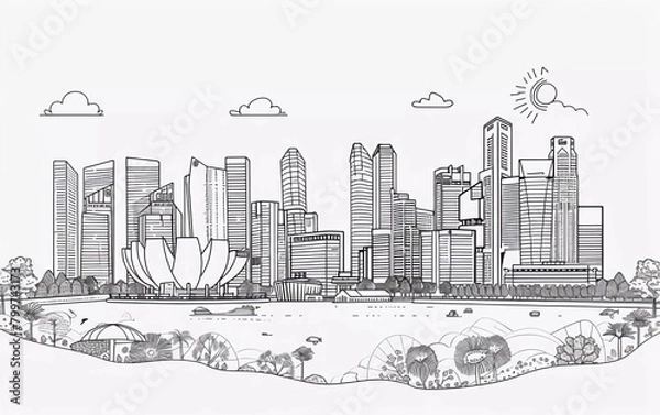 Fototapeta 
Singapore city linear banner. All buildings - different objects are adjusted to the background content