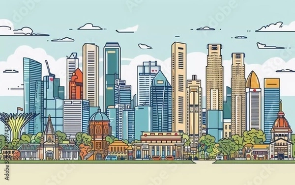 Fototapeta 
Singapore city linear banner. All buildings - different objects are adjusted to the background content