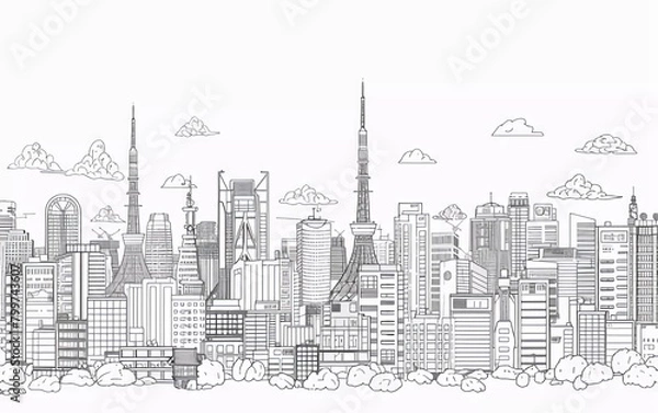 Fototapeta Tokyo city linear banner. All buildings - different objects that can be customized with background fill