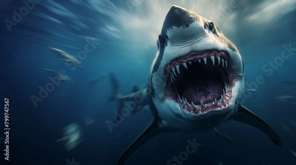 Fototapeta Agrresive Shark attack underwater on blurred background, open mouth with great teeth
