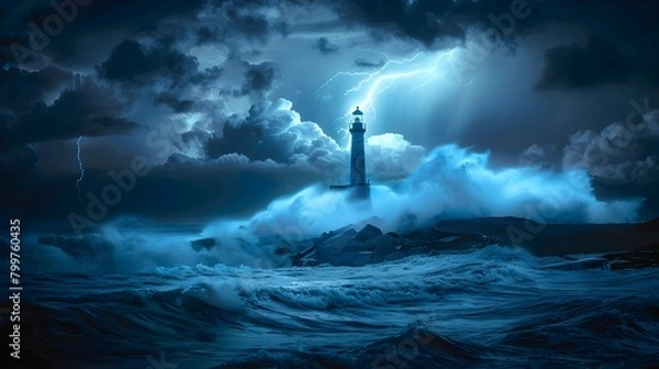 Fototapeta Lighthouse Enduring Towering Waves During Nighttime Storm with Illuminating Lightning