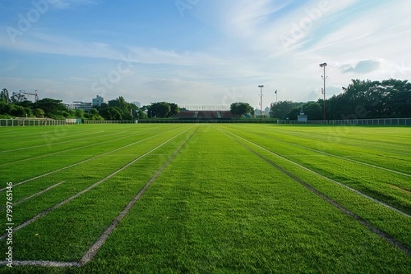 Obraz Envision an empty training ground on a windy day, the grass bending and swaying in the breeze, the sound of rustling leaves, Generative AI