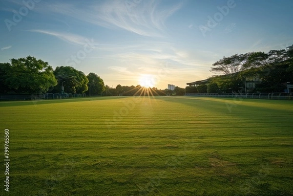 Fototapeta Imagine a deserted training ground at midday, the sun high in the sky, casting long shadows that stretch across the empty field, Generative AI