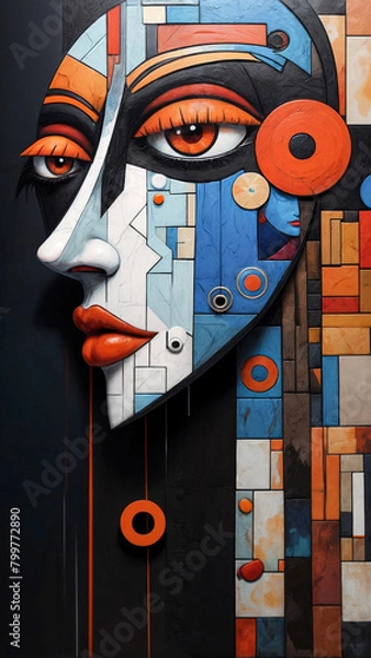 Fototapeta  A Painting of a Prismatic Visage: Bold Blocks Compose a Playful Face