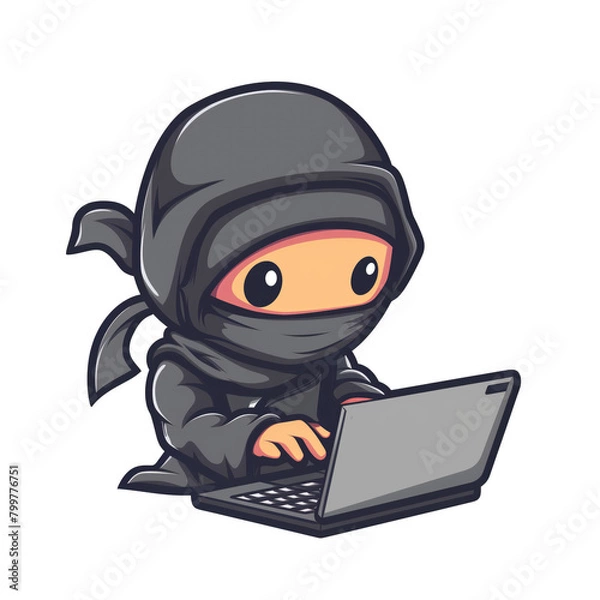 Fototapeta Cute ninja hacker using a laptop