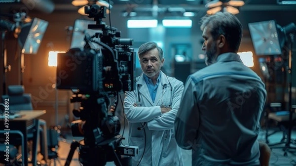 Fototapeta A doctor and a journalist in a TV studio during the recording of a doctors talkshow. Generative AI.