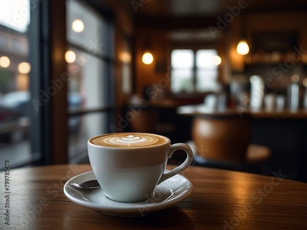 Fototapeta A steaming cup of coffee rests on a rustic wooden table