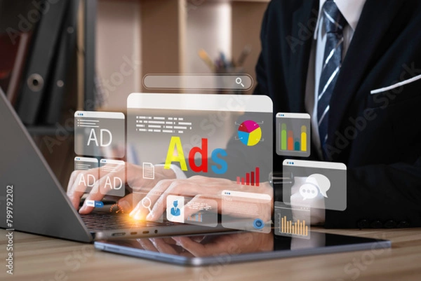 Obraz Online advertising, website ads and social media. ad on website and social media. Digital marketing concept