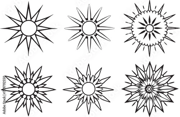 Fototapeta Set of suns isolated on a white background. Vector illustration.