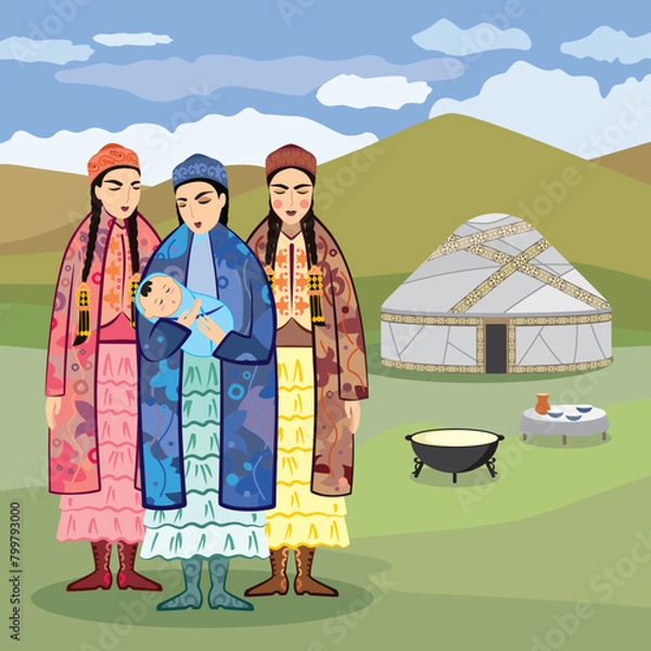 Fototapeta Vector image of three young women with a newborn baby in a Kazakh national costume on a landscape background
