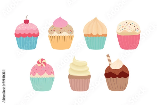 Obraz Delicious cupcake set. Dessert vector illustration design
