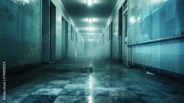 Fototapeta Urban Exploration in a Haunted Hospital with Paranormal Phenomena - Adventurous explorers encountering unexplained paranormal phenomena in an abandoned hospital.