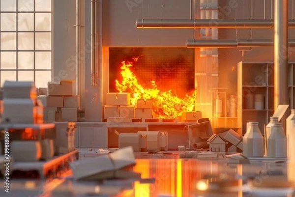 Fototapeta A factory with a fire burning in a box