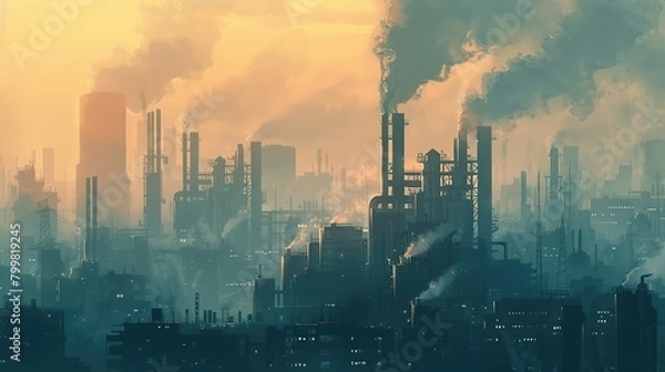 Fototapeta factory in nature landscape with big chimney smoke, air pollution. Sustainability, industry, manufacturing, emission concept. copy space for text.