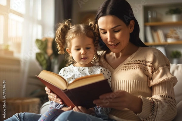 Fototapeta A young mother reading a book to her child in the living room, illuminated by warm, natural light, capturing a heartwarming moment of parent-child bonding and educational interaction.
