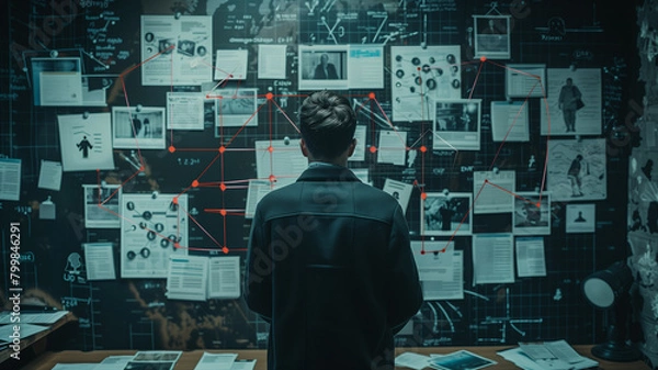 Obraz Detective Analyzing a board linking various profiles with red threads