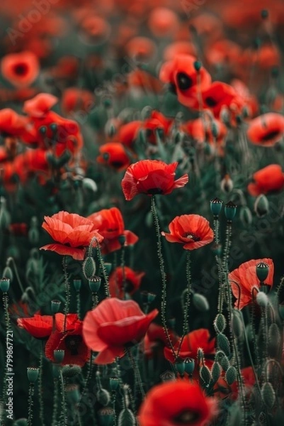 Fototapeta Poppy field closeup depicting the impact of war. Symbol of remembrance