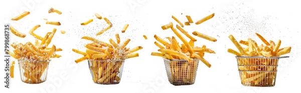 Obraz Set of French fries being sprinkled with salt on the stainless steel basket. isolated on transparent background.