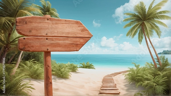 Fototapeta Path to tropical beach and sea with blank wooden sign pointing direction. Summer vacation, hello summer