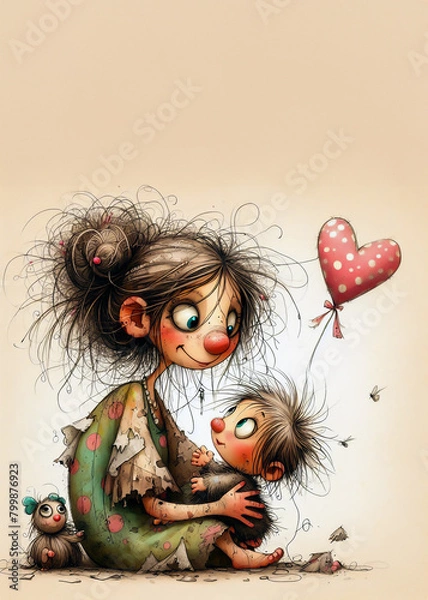 Fototapeta a whimsical cartoon of a mother with her child, love, connection, mother's day