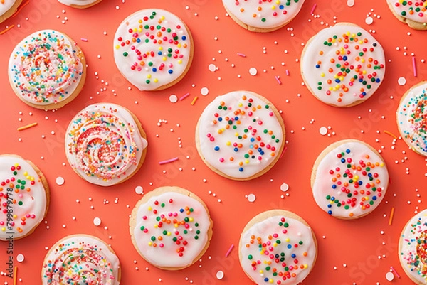 Fototapeta Sweet Circles: Assorted Sprinkled Donuts on a Vibrant Coral Base