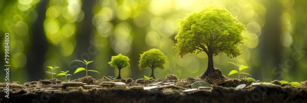 Fototapeta A narrative image portraying trees in varied sizes amidst coin scatter in soil, illustrating stages of growth