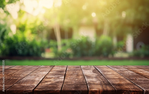 Obraz wooden table space with green home backyard view blur background for advertising template