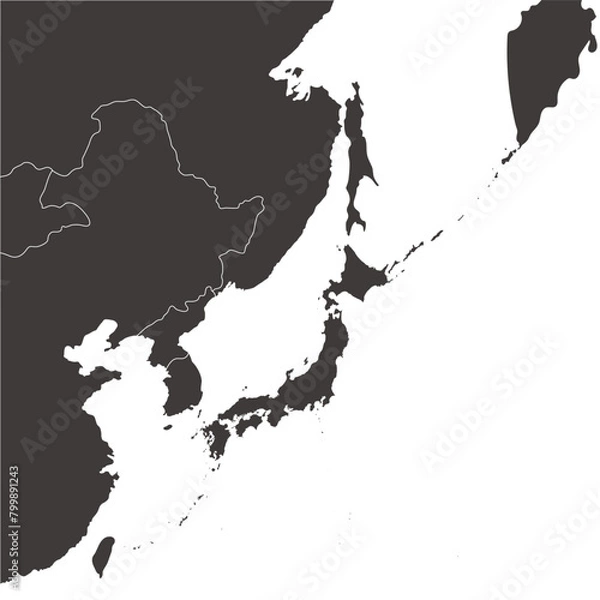 Fototapeta 日本と周辺国の地図、モノクロ