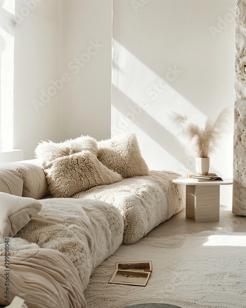 Obraz 크림색 양모 모듈 소파가 놓여져 있는 인테리어 디자인 상업 사진. 클로즈업 디테일, 현대적인 양가죽 모듈 식 소파와 책이있는 사이드 테이블, 소파는 넓은 흰색 로프트의 방 중앙에 있으며 밝고 통풍이 잘되는 이미지, 상징적 인 디자인 작품, 천연 섬유, 황동, 대리석, 중성 색상, 조직화 된 하이퍼 미니멀리즘