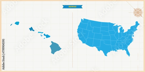 Fototapeta A Map highlighting Hawaii in the USA Map, Hawaii and USA modern map with Colorful Hi detailed Vector, geographical borders