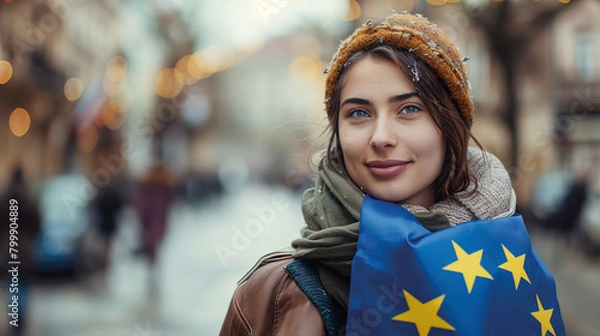Fototapeta Woman holds the European Union flag in her hand. EU flag at a demonstration for EU accession