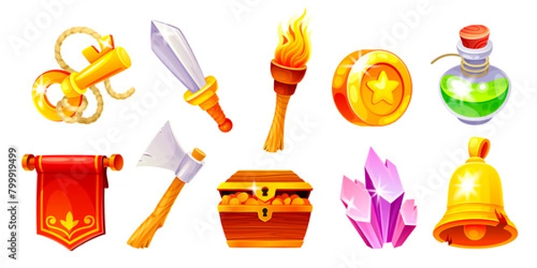 Fototapeta Rpg game icons. Cartoon gaming badge mobile casino ui element, fantasy chest gold coin key bell warrior gear 2d historical items magic energy diamond, neoteric vector illustration