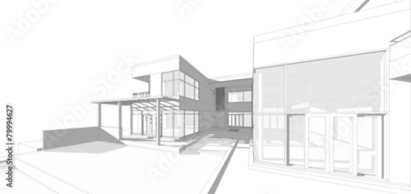 Fototapeta Perspective 3D render of building wireframe.