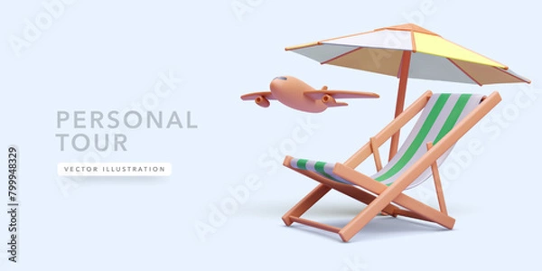 Obraz Tour concept poster in realistic style with chair, airplane, umbrella. Vector illustration