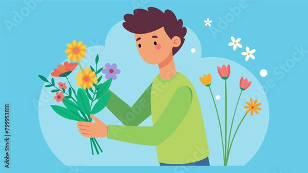 Fototapeta A teenager enthusiastically arranging a bouquet of wildflowers discovering a new hobby that brings him peace and satisfaction..