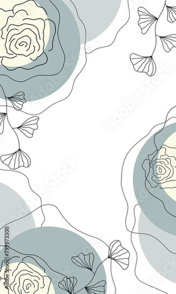 Obraz Design postcard with geometric circles and black flowers rose on a white background, holiday card, greetings card modern floral pattern, frame, postcard for invitations, for birthday, congratulations 