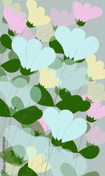 Fototapeta Spring greetings card with bouquet blue yellow pink flowers and green leaves on a white background, nice holiday card, colored design floral pattern, frame, postcard for invitations, for birthday