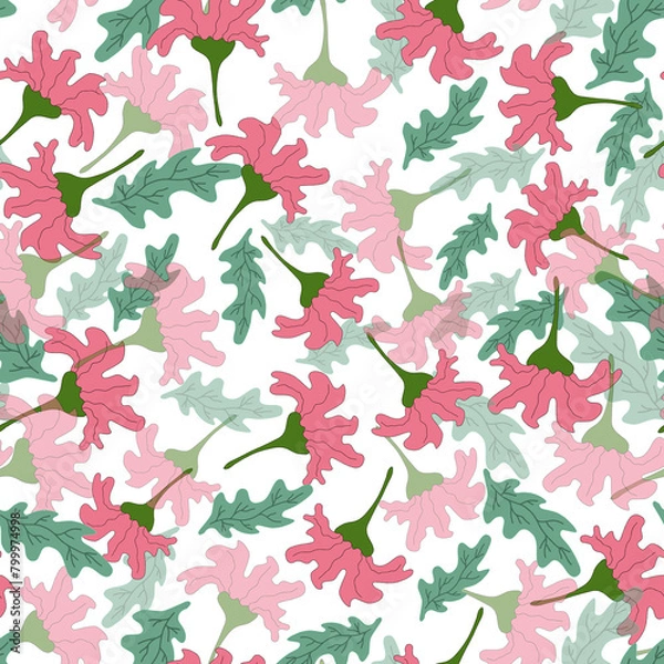 Obraz Seamless pattern with red flowers turquoise leaves and branches, floral background, holiday coloured postcard, print for fabric, for wallpaper, for wrapping, spring design illustration 