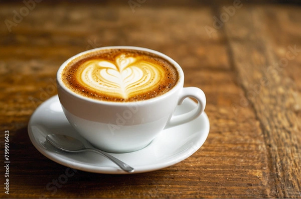 Obraz Front view of a glass of cappuccino coffee with painting art on white, creamy foam, on a wooden table